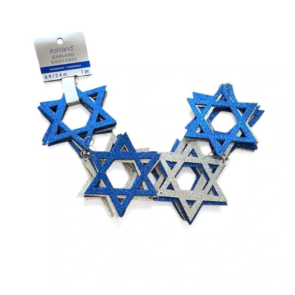 Ashland Hanukkah Star of David Blue and Silver Starry Glitter 8ft Garland